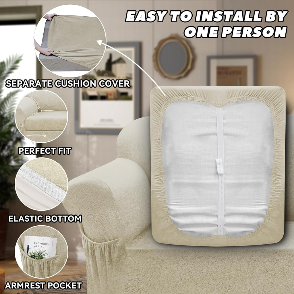 Loveseat Slipcover with Armrest Pockets 3-Piece Set, Stretch Faux Leather Love Seat Covers for 2-Cushion Couches(Fits 58-66") - Non-Slip, Machine Washable, Pet & Kid Friendly - Beige