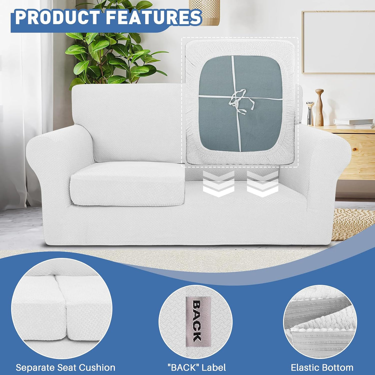 JIVINER 3 Pieces Stretch Couch Covers for 2 Cushion Couch Fitted Thick Loveseat Sofa Slipcover with 2 Seat Cushion Covers for Living Room Pet Dogs (Loveseat, Off White)