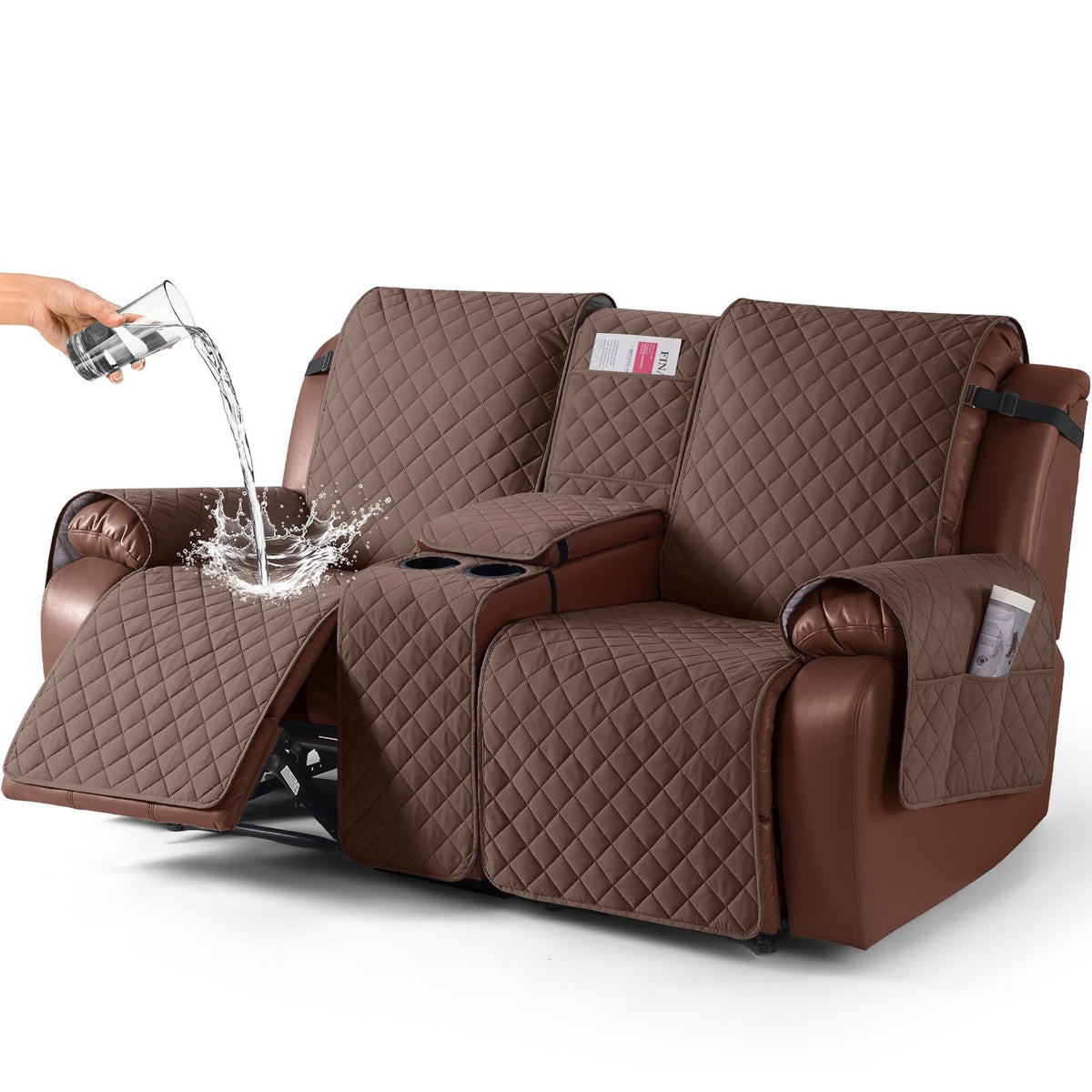 KinCam 100% Waterproof Loveseat Recliner Cover with Console, Khaki