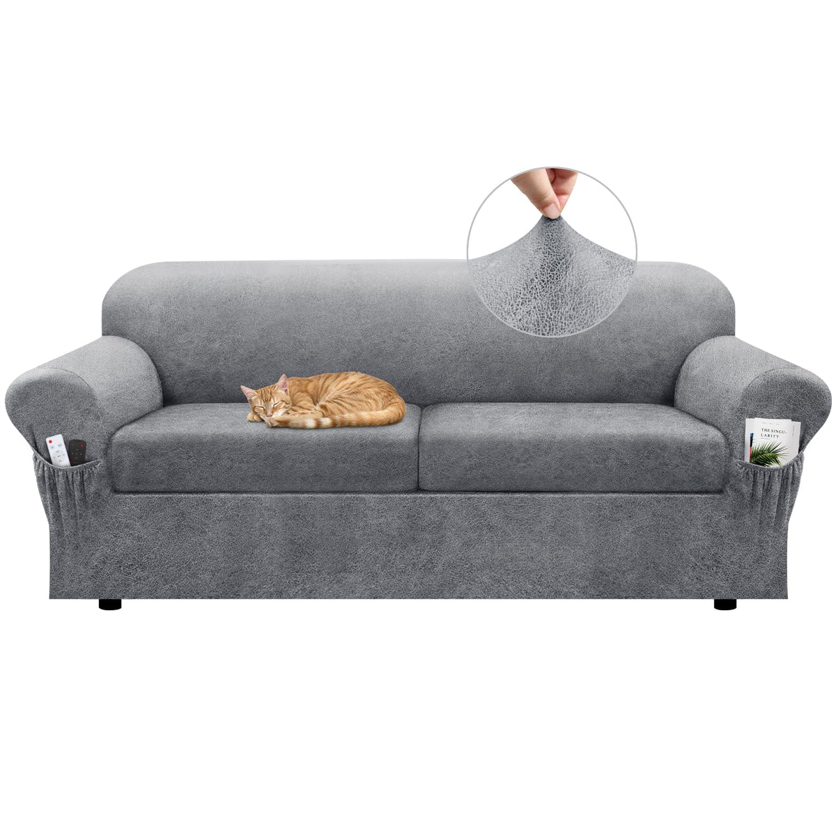 Loveseat Slipcover with Armrest Pockets 3-Piece Set, Stretch Faux Leather Love Seat Covers for 2-Cushion Couches(Fits 58-66") - Non-Slip, Machine Washable, Pet & Kid Friendly - Beige