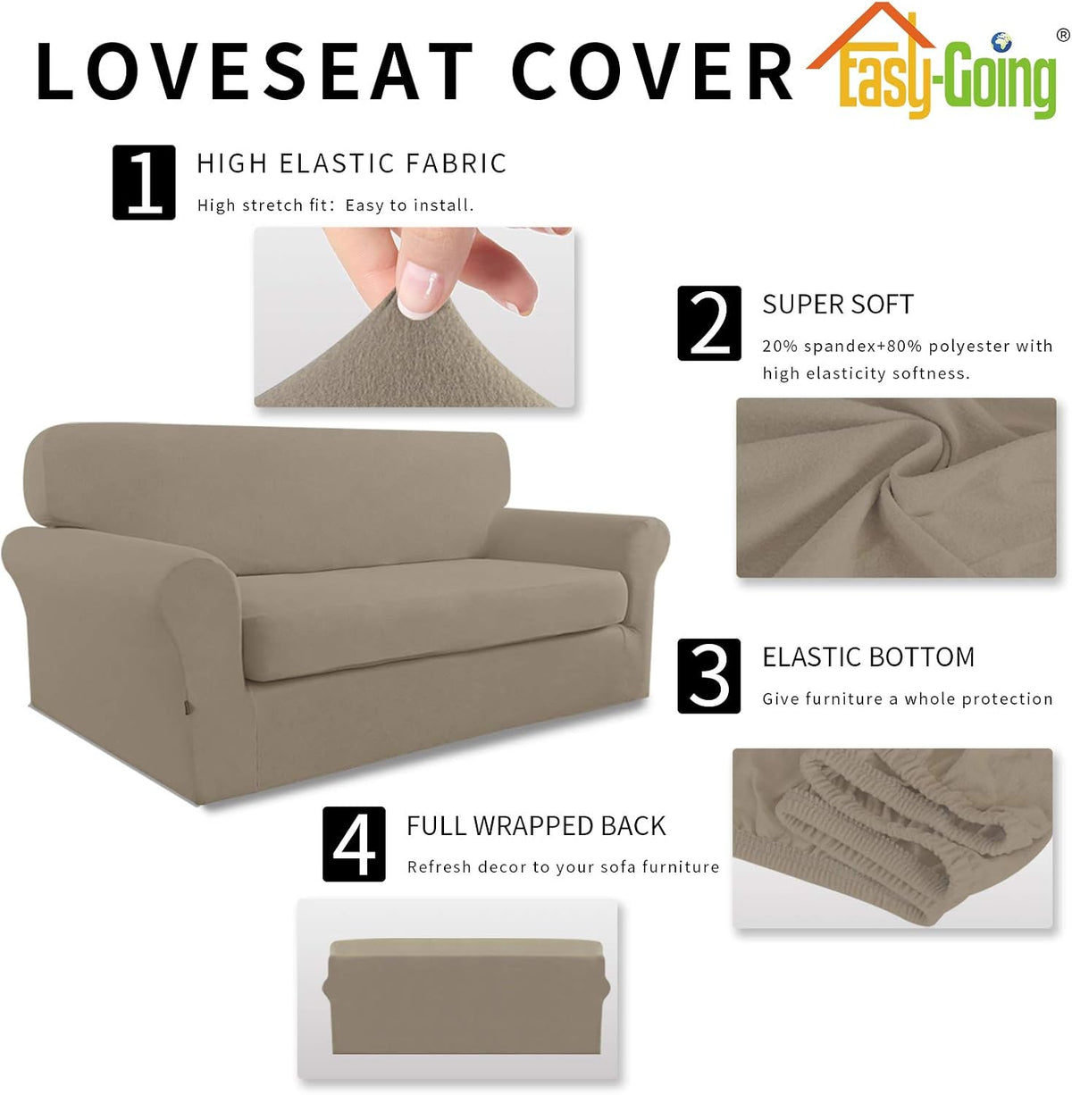 Easy-Going 2 Pieces Stretch Loveseat Couch Sofa Slipcover Washable