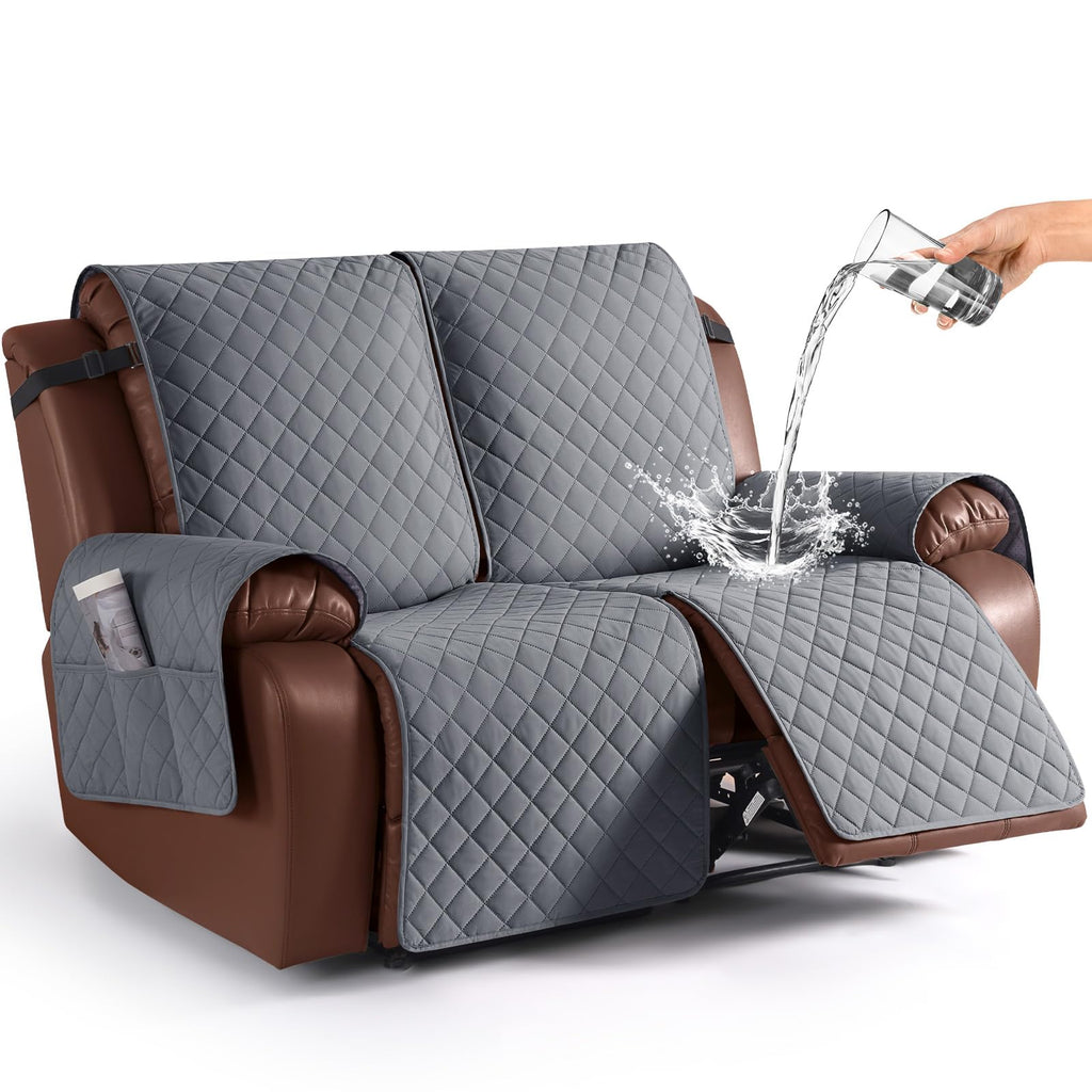 KinCam Waterproof Loveseat Recliner Covers Washable, 2 Seater, Light Gray