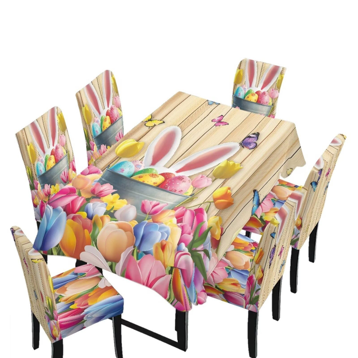 ZDCUSTOM Easter Table and Chair Covers for Parties Purple Bunny Dining Chairs Cover Daisy Tablecloths Rectangular for Easter Party