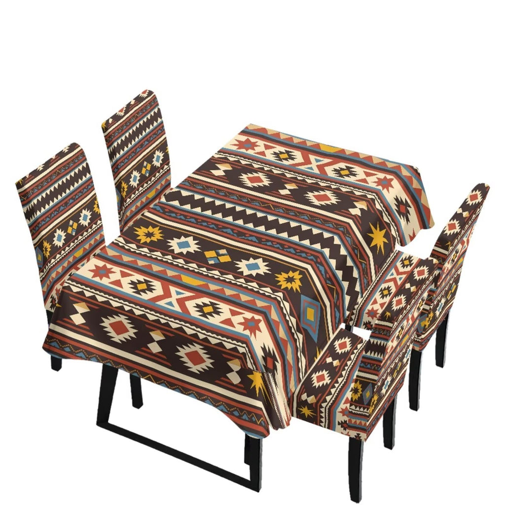 Dining Seat Slipcovers Set of 7 Includes Tablecloths, Removable Dining Room Chair Covers Stain Resistant Table Protector for Home Restaurant, Light Brown Beige Geometry Patchwork