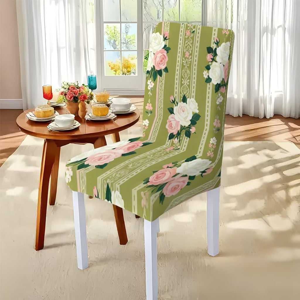 Dining Room Chair Cover and Tablecloths 7 Pack, Stain Resistant Stretch Kitchen Chair Seat Slipcovers Anti-Wrinkle Table Protector for Party, Pastoral Rose Flower Stripes Print Green