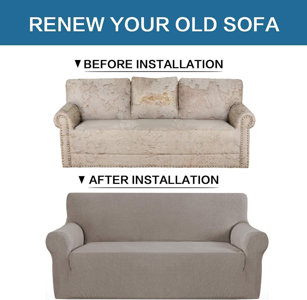 H.VERSAILTEX Stretch Loveseat Cover Bundles Sofa Slipcover, Furniture Protector, Plaid Pattern, Removable and Washable, Taupe