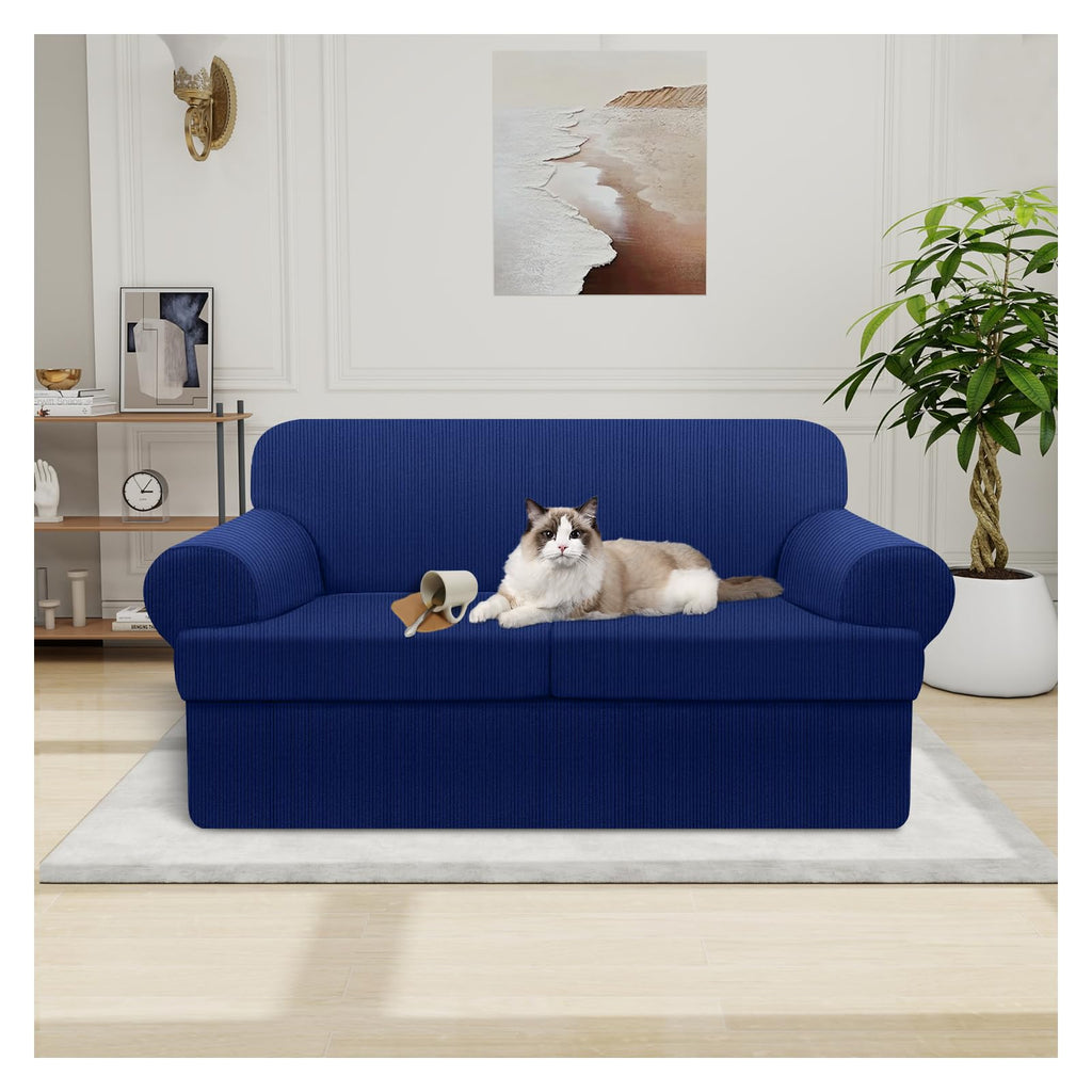 100% WaterproofLoveseat Cover 3-Piece Set Striped Loveseat Slipcovers for 2 Cushion Couch Sofa Covers with TPU Leakproof Bottom Stretch Couch Protector Pet Proof - Loveseat, Navy