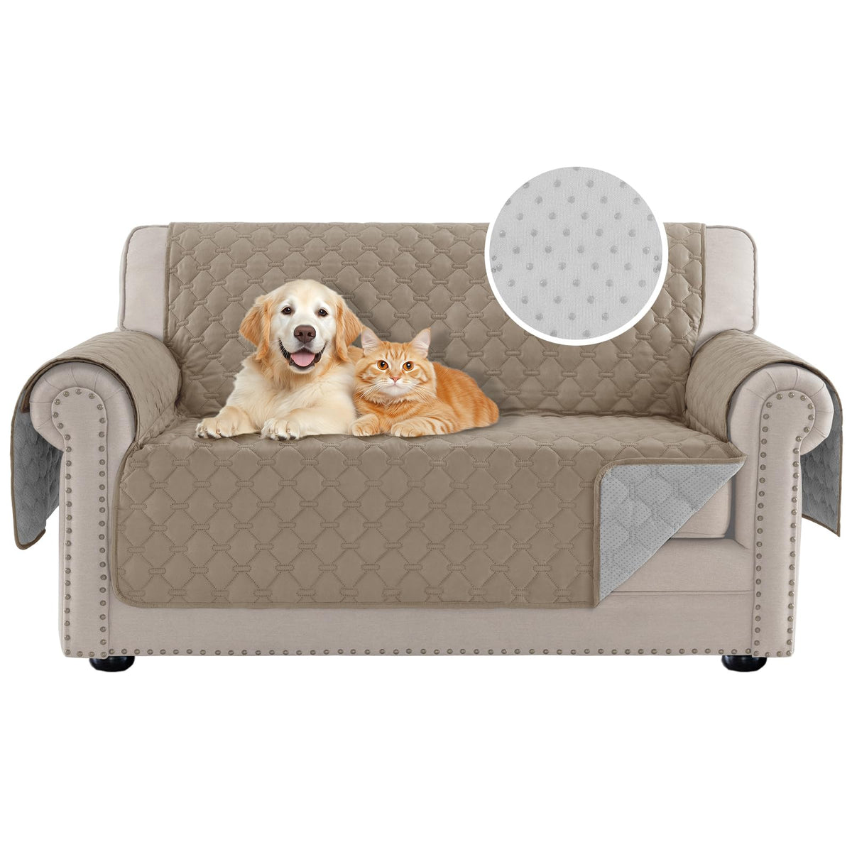 PrinceDeco Love Seat Couch Covers for Dogs Quilted Loveseat Cover Furniture Protector Non-Slip Rubber Backing Water Resistant for 2 Cushion Couch Seat Width to 48"(Loveseat, Brown)