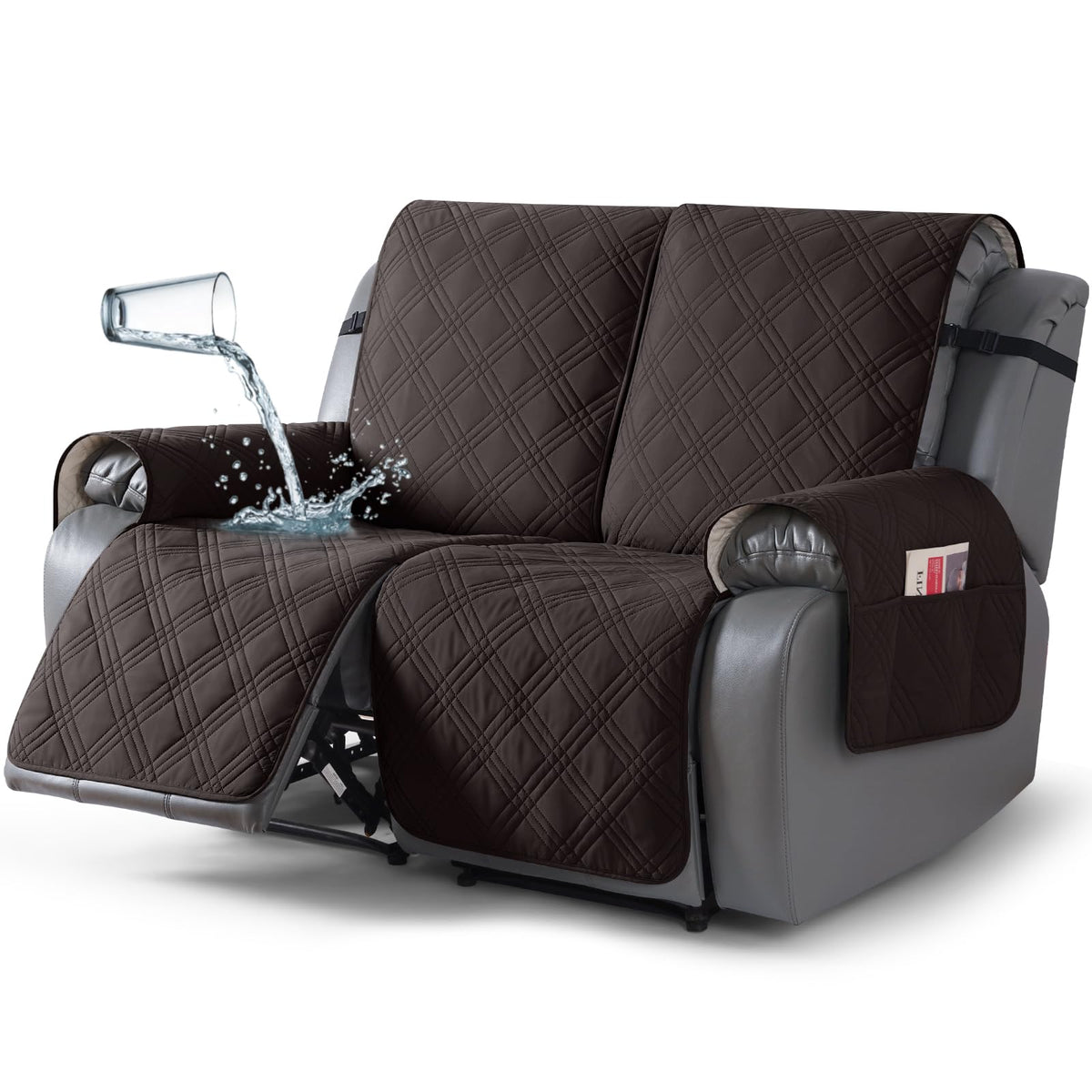 TAOCOCO 100% Waterproof Oversized Loveseat Recliner Cover, Non Slip Split Couch Covers for Reclining Loveseat with Elastic Straps for Kids Pets(Oversized 2 Seater, Chocolate)