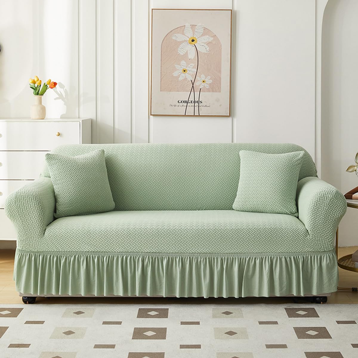 KAIJIE 1 piece Double seat Textured Sofa Slipcover with Ruffle Skirt,Elastic Stretch Fabric，Leaf Pattern Design Thick Anti Slip Protective Cover C-01Haze Blue