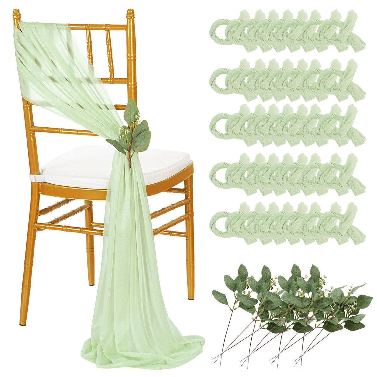 QueenDream White Chair Sashes Wedding Aisle Decorations: 24 Packs 8ft Long Draping Fabric Sheer Church Chair Cover Bulk for Party Banquet