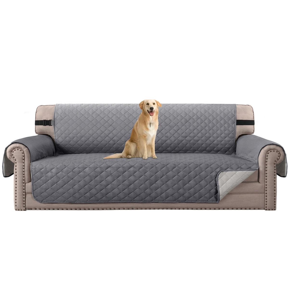 H.VERSAILTEX Reversible Couch Cover for 2 Cushion Couch Water Resistant Loveseat Washable Furniture Cover with Non-Slip Elastic Strap for Dogs, Pets, Kids(Oversized Loveseat, Charcoal Grey)