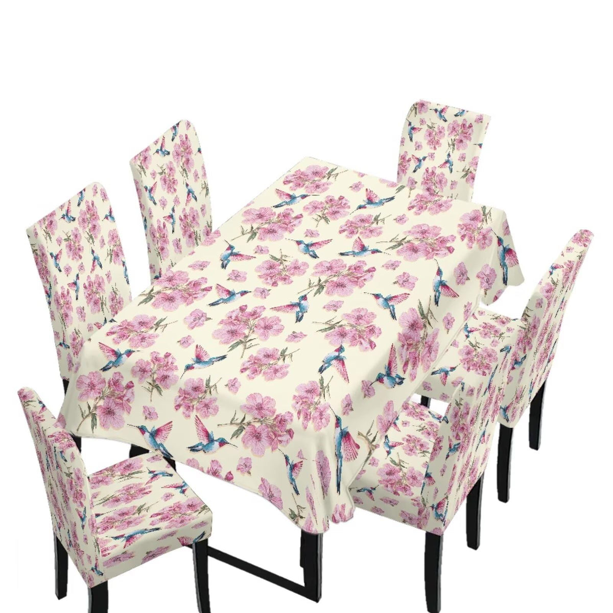Dining Room Chair Cover and Tablecloths 7 Pack, Stain Resistant Stretch Kitchen Chair Seat Slipcovers Anti-Wrinkle Table Protector for Party, Pastoral Rose Flower Stripes Print Green