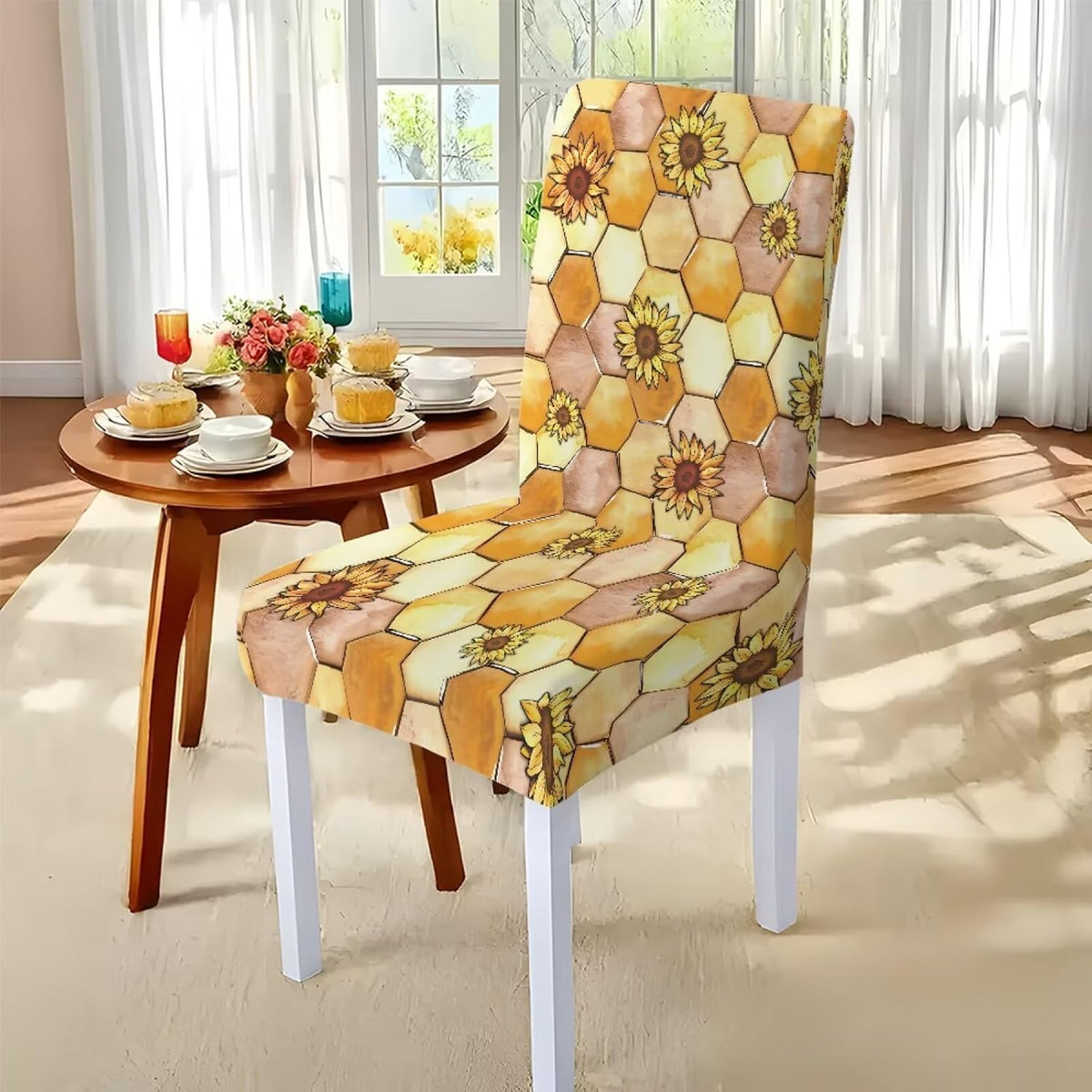 Dining Table Chair Covers 5 Pack, Removable Parsons Chair Slipcovers Dust Proof Tablecloths Scratch Resistant Seat Protector for Dining Room, Sunflower Honeycomb Bee Print Yellow