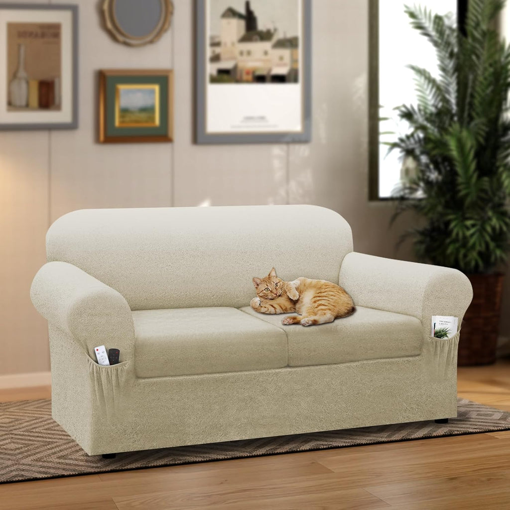 Loveseat Slipcover with Armrest Pockets 3-Piece Set, Stretch Faux Leather Love Seat Covers for 2-Cushion Couches(Fits 58-66") - Non-Slip, Machine Washable, Pet & Kid Friendly - Beige