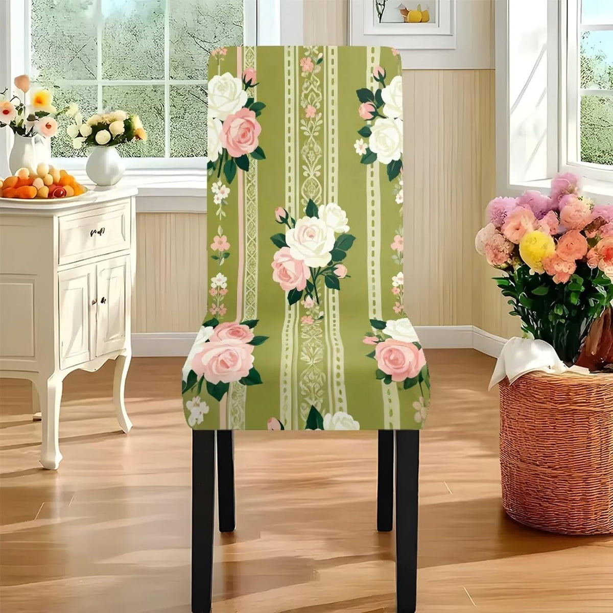 Dining Room Chair Cover and Tablecloths 7 Pack, Stain Resistant Stretch Kitchen Chair Seat Slipcovers Anti-Wrinkle Table Protector for Party, Pastoral Rose Flower Stripes Print Green