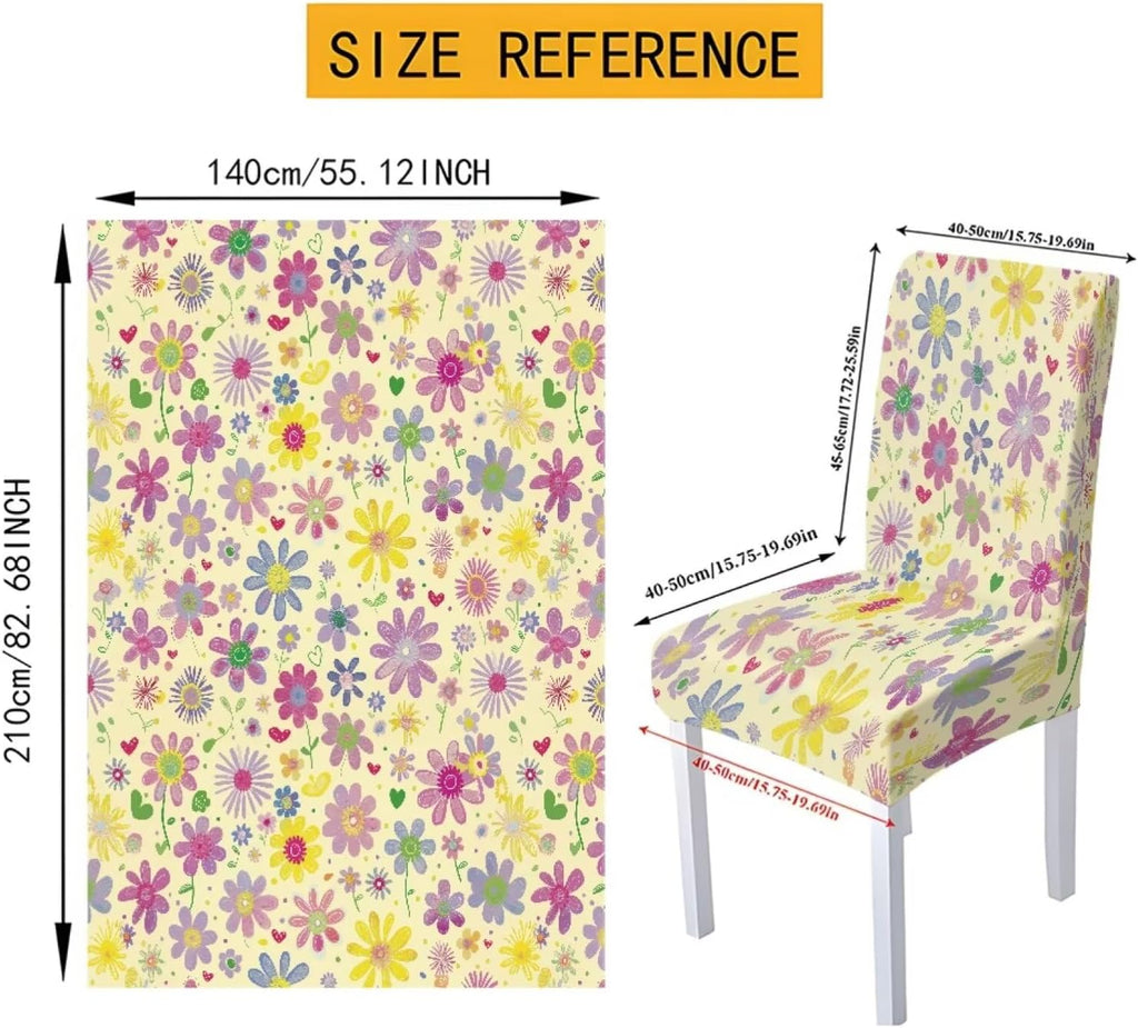 Table Cloth Rectangle Table Set of 7 Include Kitchen Chair Covers and Tablecloths for Dining Room Hotel Banquet, Anti-Scratch Chair Seat Protector Cover, Daisy Hippie Flower Print