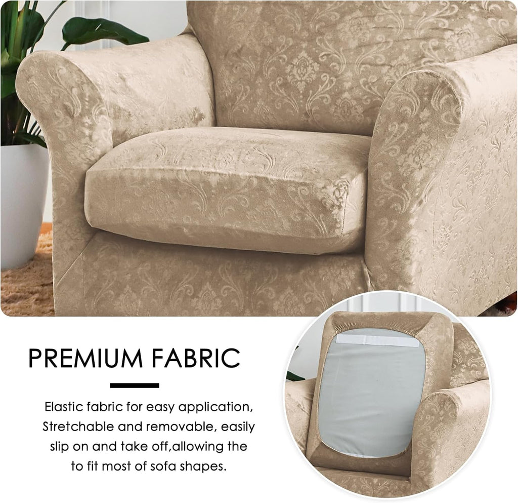 3 Pieces Sofa Covers for 2 Cushion Couch Velvet Embossing Camel Stretch Loveseat Couch Slipcovers with 2 Cushions Washable