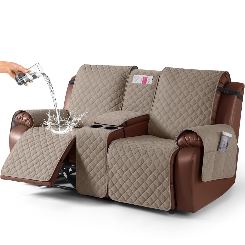 KinCam 100% Waterproof Loveseat Recliner Cover with Console, Khaki
