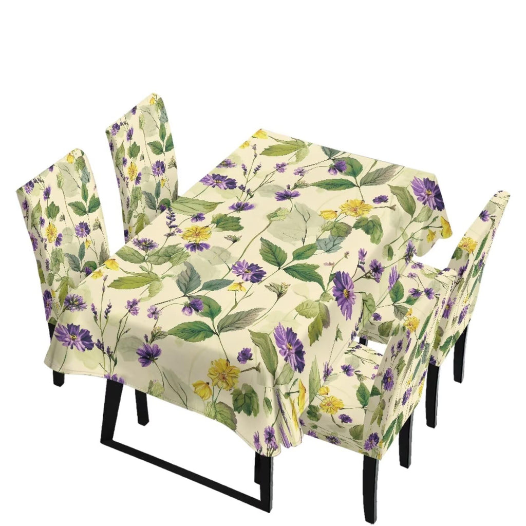 Dining Room Chair Cover and Tablecloths 7 Pack, Stain Resistant Stretch Kitchen Chair Seat Slipcovers Anti-Wrinkle Table Protector for Party, Pastoral Rose Flower Stripes Print Green