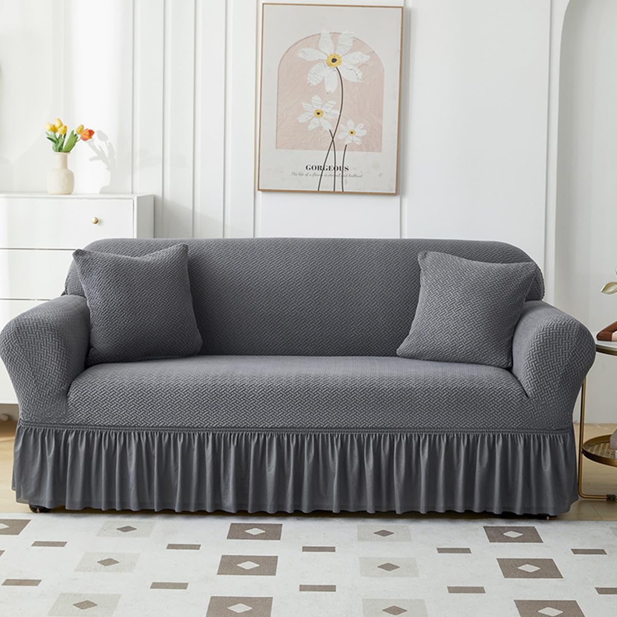 KAIJIE 1 piece Double seat Textured Sofa Slipcover with Ruffle Skirt,Elastic Stretch Fabric，Leaf Pattern Design Thick Anti Slip Protective Cover C-01Haze Blue