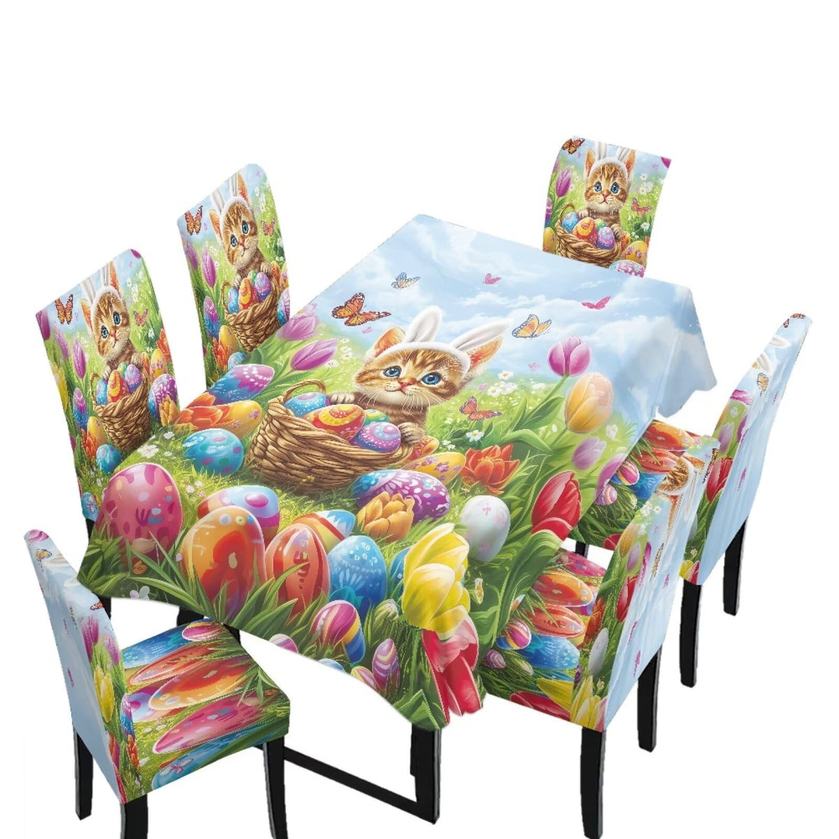 ZDCUSTOM Easter Table and Chair Covers for Parties Purple Bunny Dining Chairs Cover Daisy Tablecloths Rectangular for Easter Party
