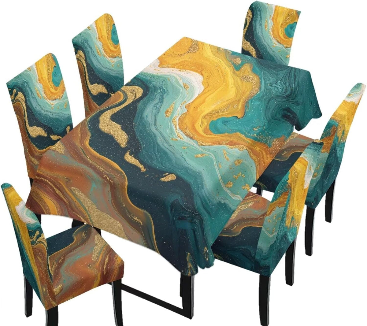 Table Cloth Rectangle Table Set of 7 Include Dining Chair Covers and Tablecloths for Dining Room Kitchen Banquet, Anti-Scratch Chair Seat Cover, Fluid Marble Print Green Gold Brown