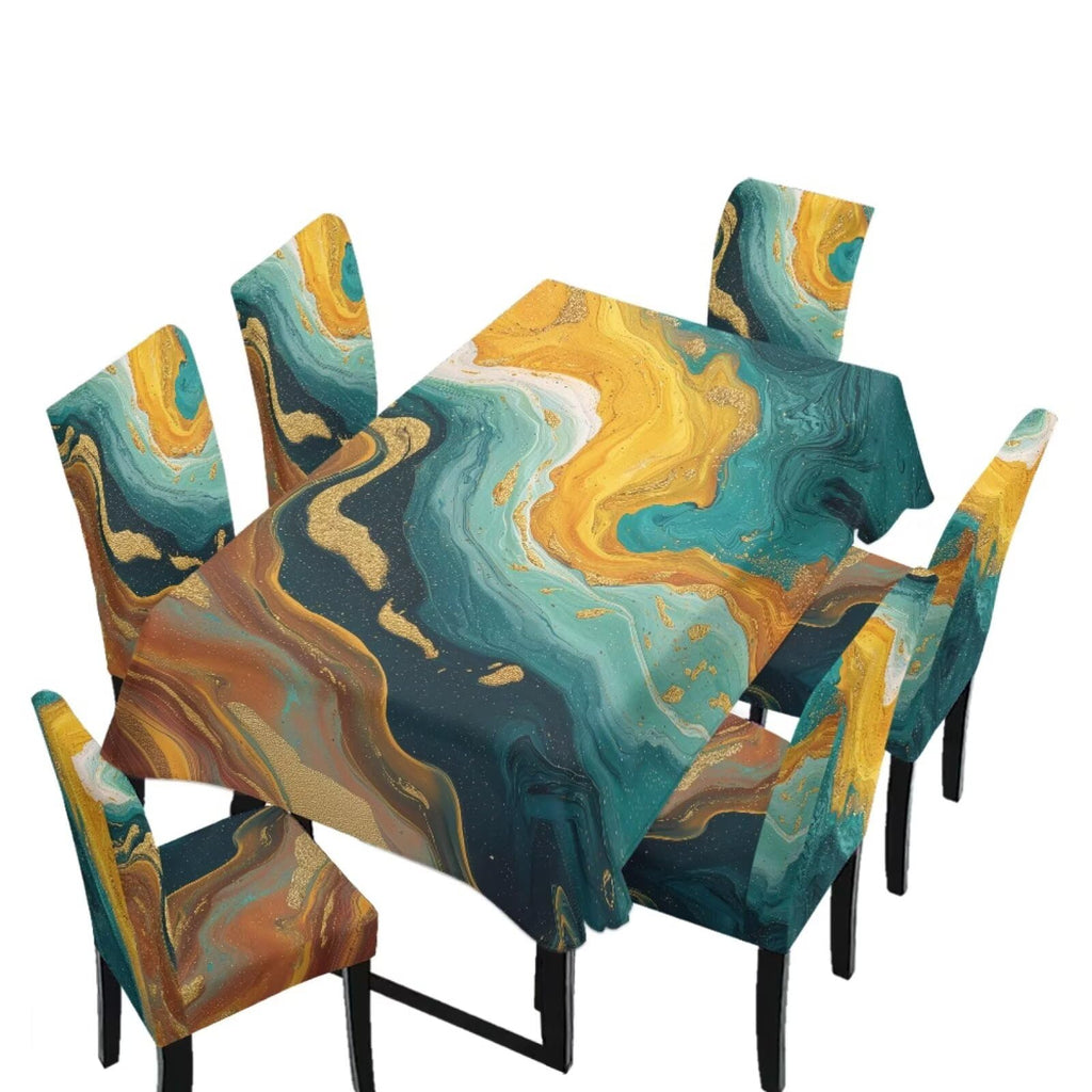 Table Cloth Rectangle Table Set of 7 Include Dining Chair Covers and Tablecloths for Dining Room Kitchen Banquet, Anti-Scratch Chair Seat Cover, Fluid Marble Print Green Gold Brown