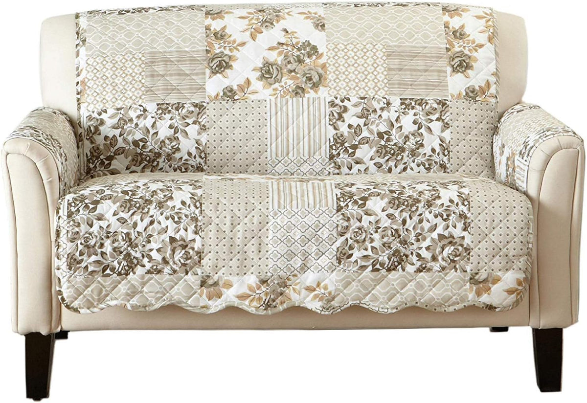 Great Bay Home Reversible Patchwork Loveseat Cover - Washable Slipcover Furniture Protector with Elastic Straps - Perfect for Kids & Pets - Box-Stitched Detail (Taupe)
