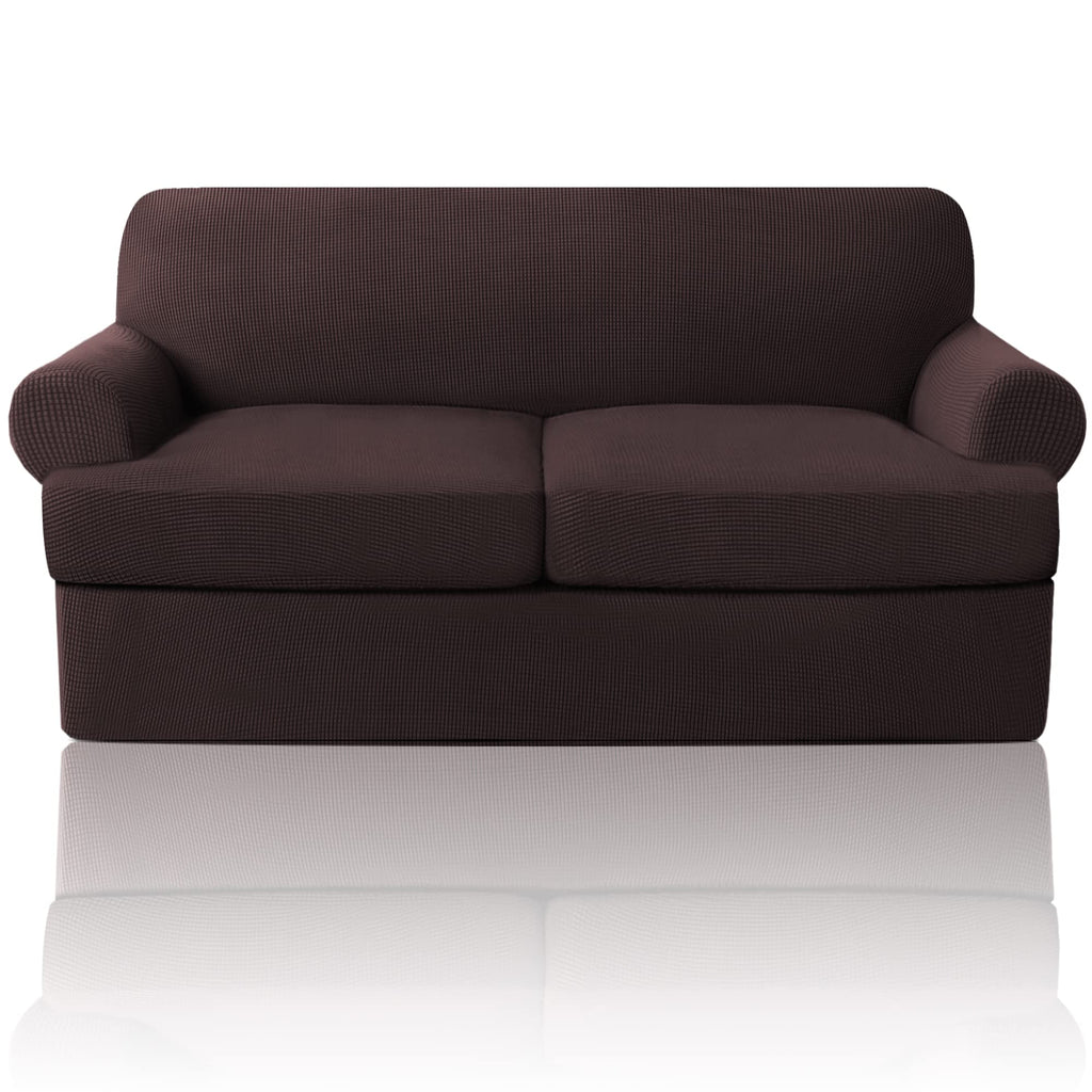 PrinceDeco T Cushion Loveseat Slipcover - 3 Pieces Sofa Cover for 2 Cushion Couch with 2 Individual T Shape Seat Covers Width Up to 76 Inch - Stretch, Machine Washable, Porcelain