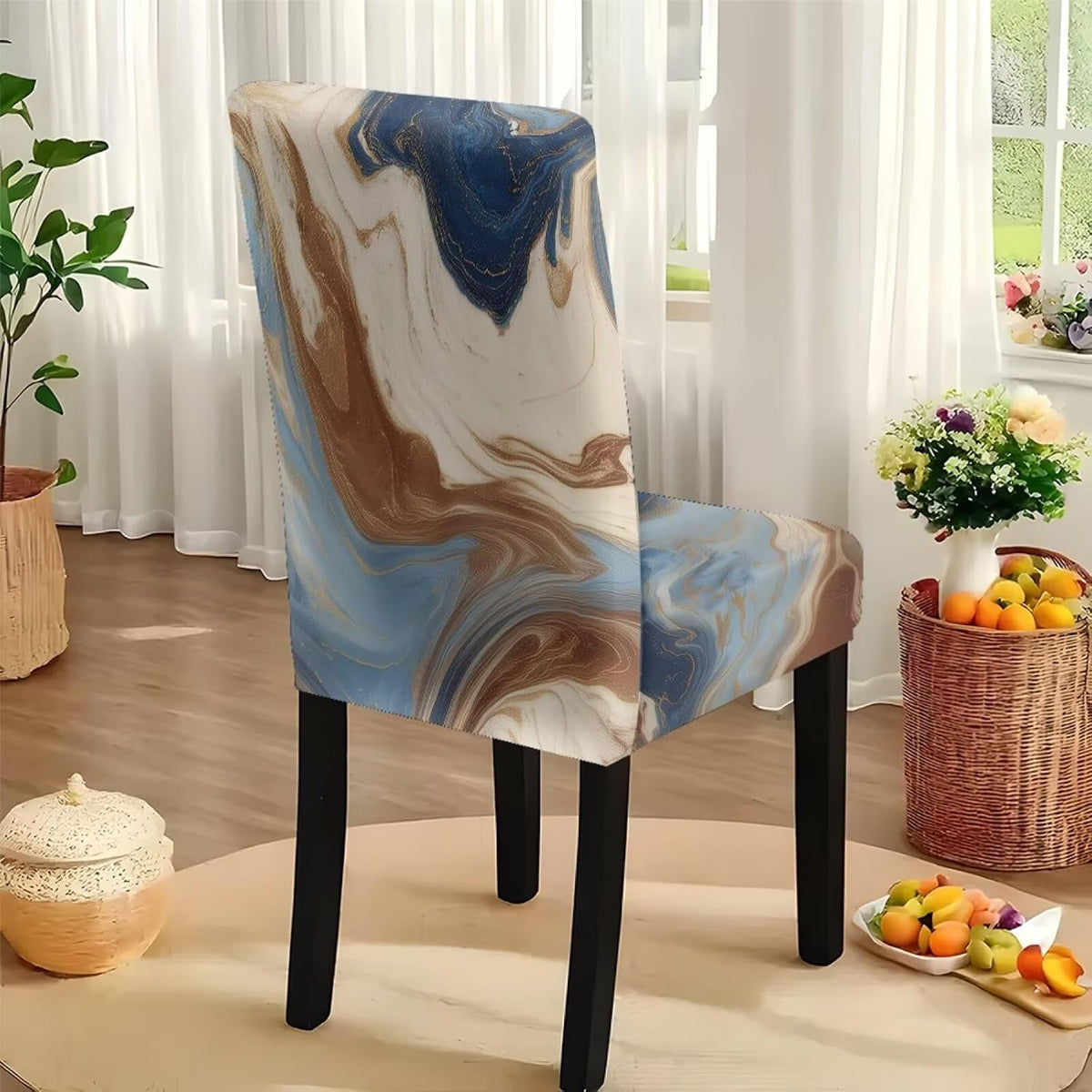 5 Pack Dining Room Chair Cover Set and Table Cloth Rectangle, Dust Proof Machine Washable Tablecloths Comfortable Chair Seat Slipcovers for Restaurant Decor, Abstract Fluid Marble