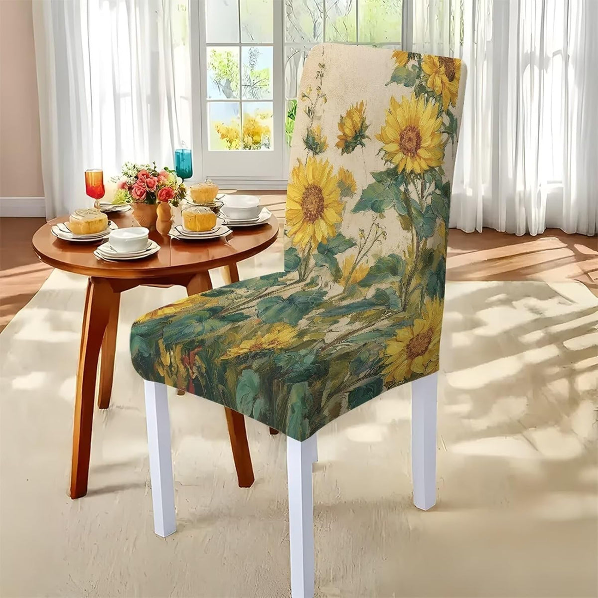 ZDCUSTOM Vintage Table Cloth and Chair Cover Set of 4 Sunflower Tablecloths Rectangular Elegant Chair Covers for Dining Chairs Stain Resistant Decoration
