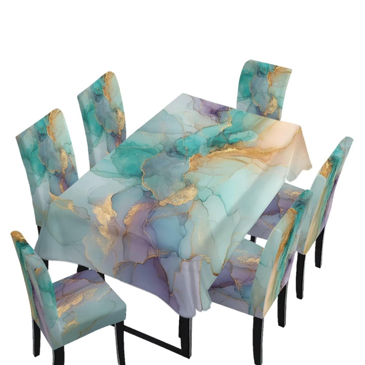 Table Cloth Rectangle Table Set of 7 Include Dining Chair Covers and Tablecloths for Dining Room Kitchen Banquet, Anti-Scratch Chair Seat Cover, Fluid Marble Print Green Gold Brown