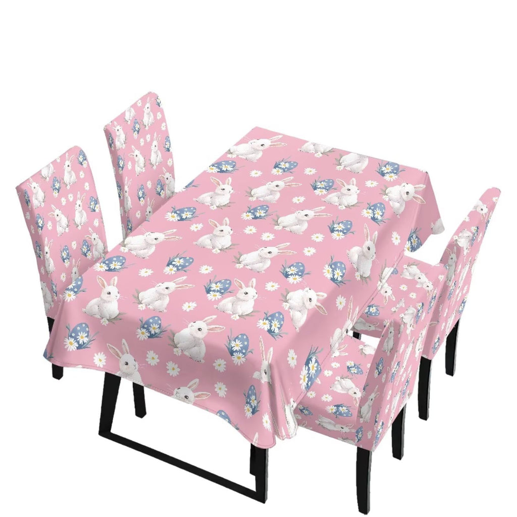 ZDCUSTOM Easter Table and Chair Covers for Parties Purple Bunny Dining Chairs Cover Daisy Tablecloths Rectangular for Easter Party