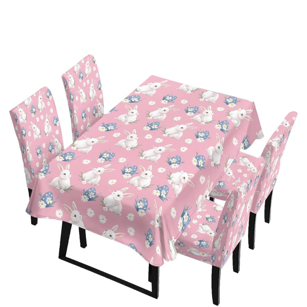 ZDCUSTOM Easter Table and Chair Covers for Parties Purple Bunny Dining Chairs Cover Daisy Tablecloths Rectangular for Easter Party