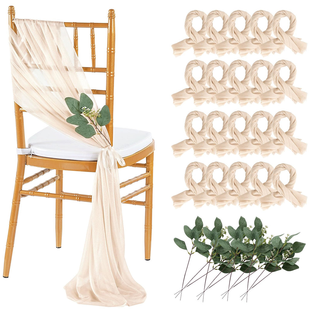 QueenDream White Chair Sashes Wedding Aisle Decorations: 24 Packs 8ft Long Draping Fabric Sheer Church Chair Cover Bulk for Party Banquet