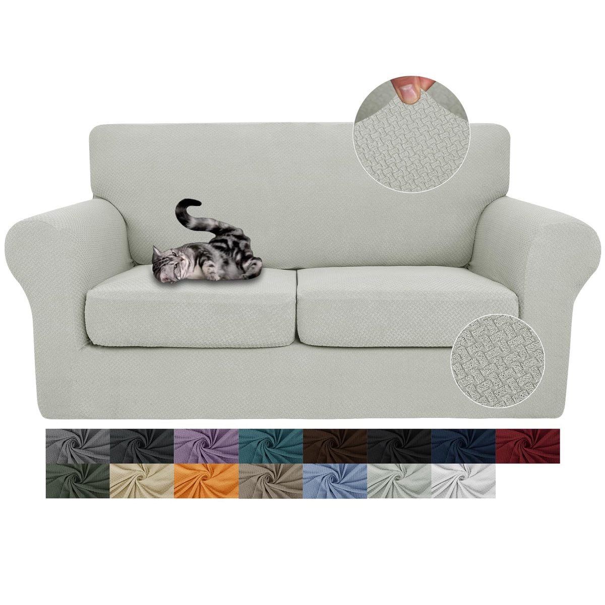 JIVINER 3 Pieces Stretch Couch Covers for 2 Cushion Couch Fitted Thick Loveseat Sofa Slipcover with 2 Seat Cushion Covers for Living Room Pet Dogs (Loveseat, Off White)