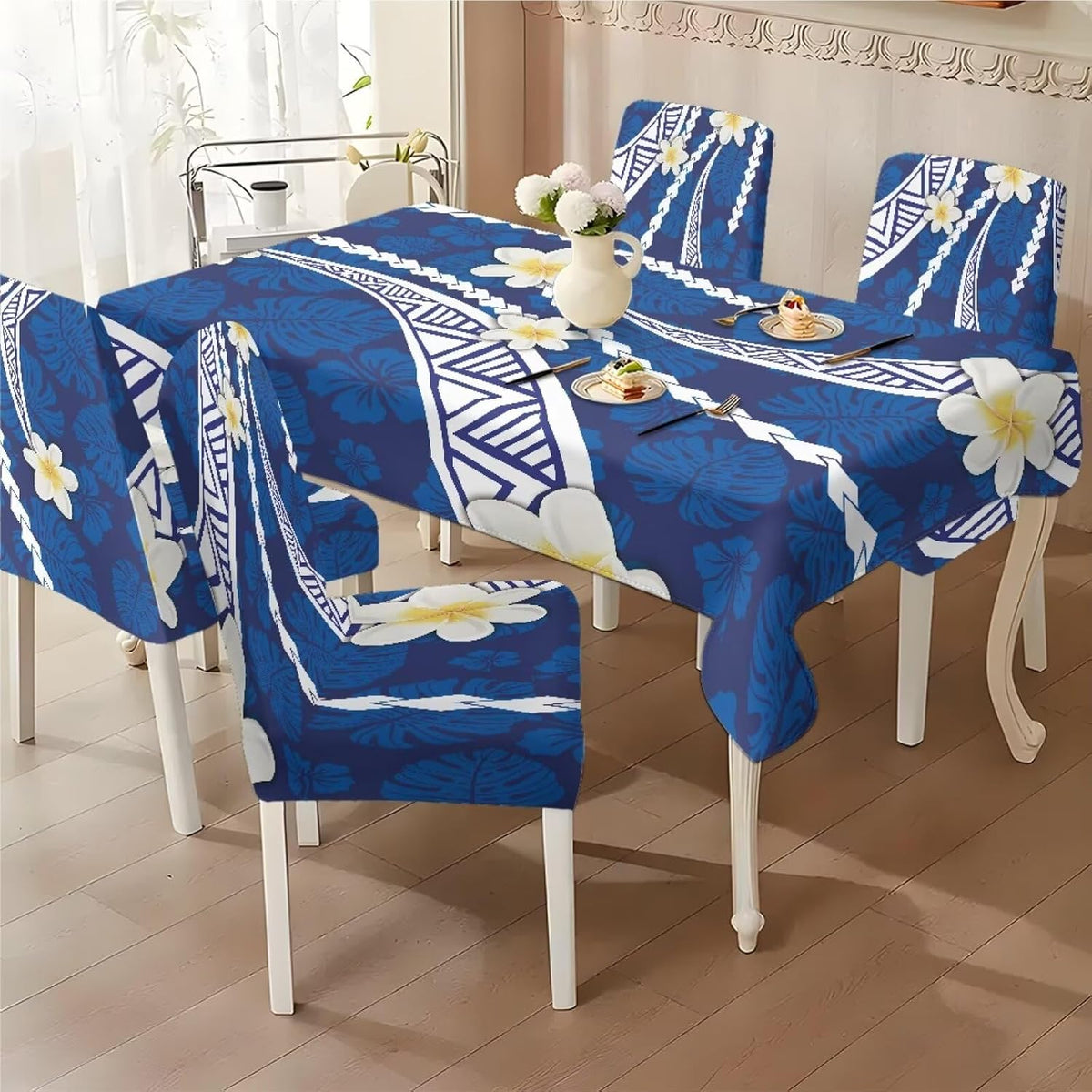 Polynesia Dining Room Chair Cover with Tablecloths 5 Pack, Scratch-Resistant Washable Parsons Chair Slipcovers Removable Table Cloth for Kitchen, Plumeria Floral Monstera Leaf Print Blue