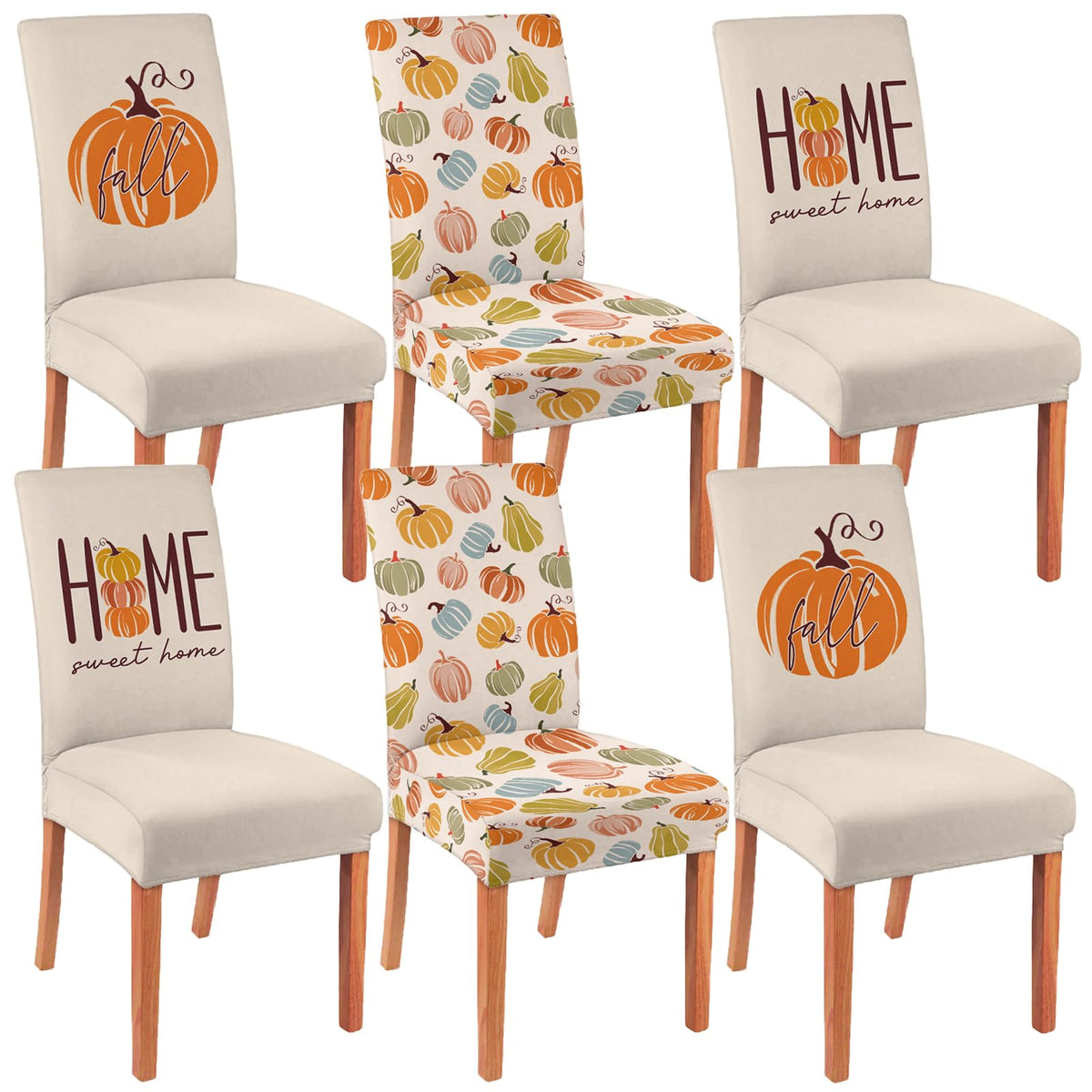 6 Pcs Fall Chair Covers for Dining Room, Thanksgiving Stretch Removable Dining Chair Cover Set of 6, Autumn Pumpkin Chair Slipcovers Seat Protector for Fall Restaurant Decor