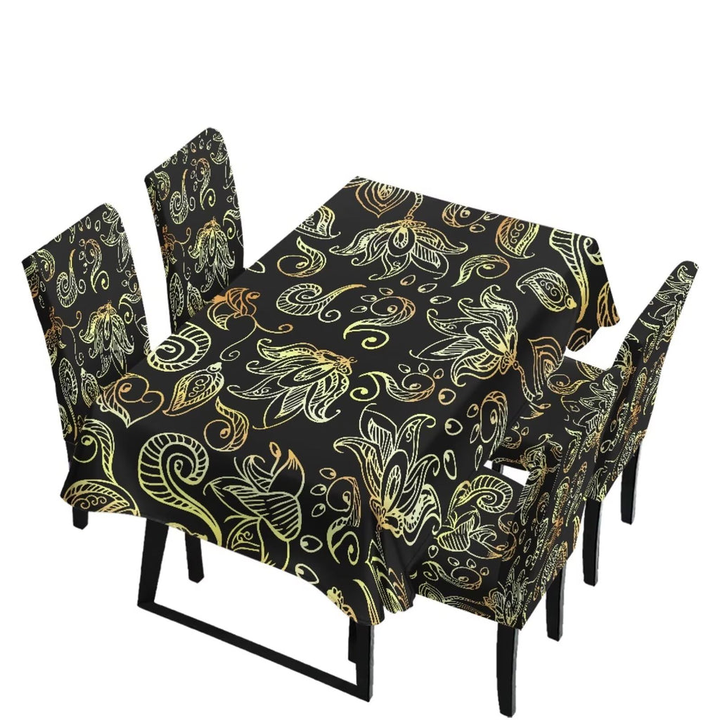 Table Cloth and Dining Chair Covers Set of 5, Kitchen Chair Slipcovers Rectangle Table Cover, Removable Anti-dust Tablecloths Stain Resistant Soft Hotel Decor, Blue Retro Floral