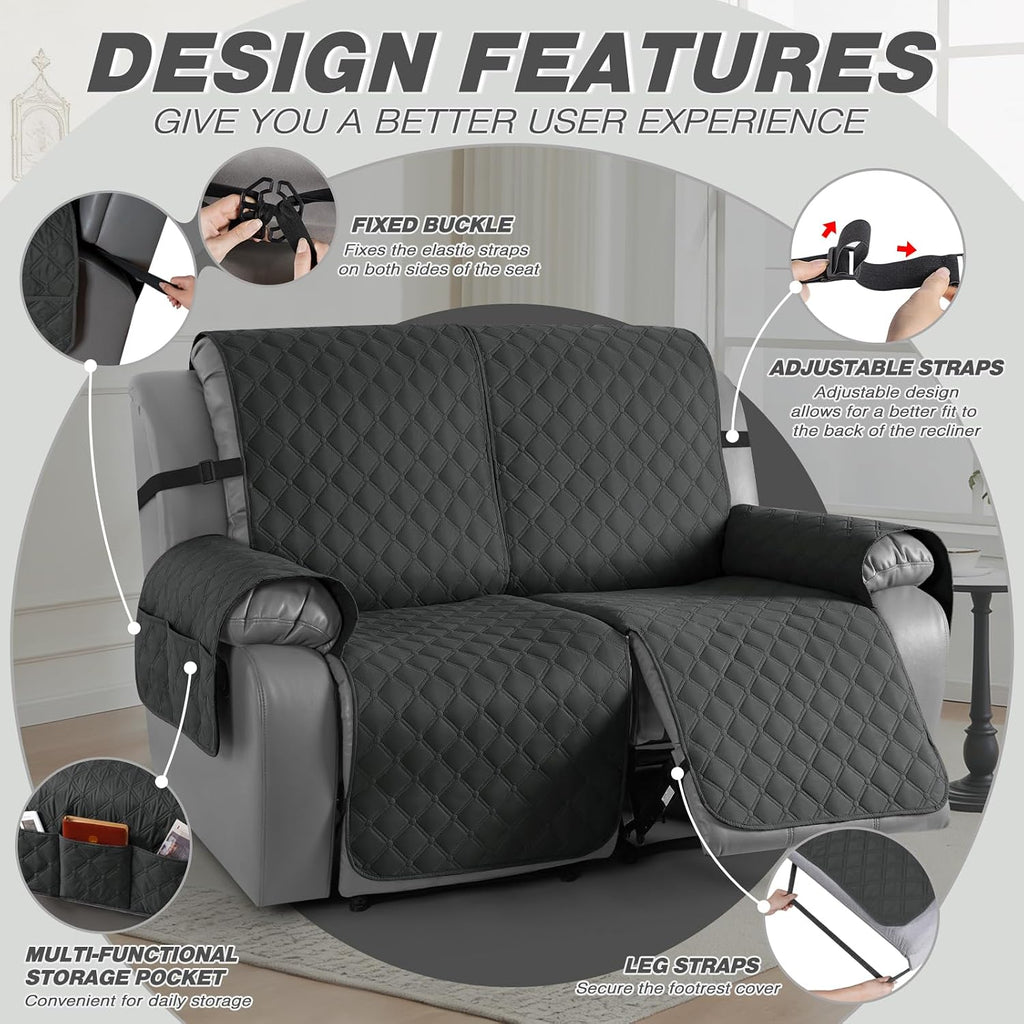 TAOCOCO 100% Waterproof Loveseat Recliner Covers Reversible, Charcoal Gray