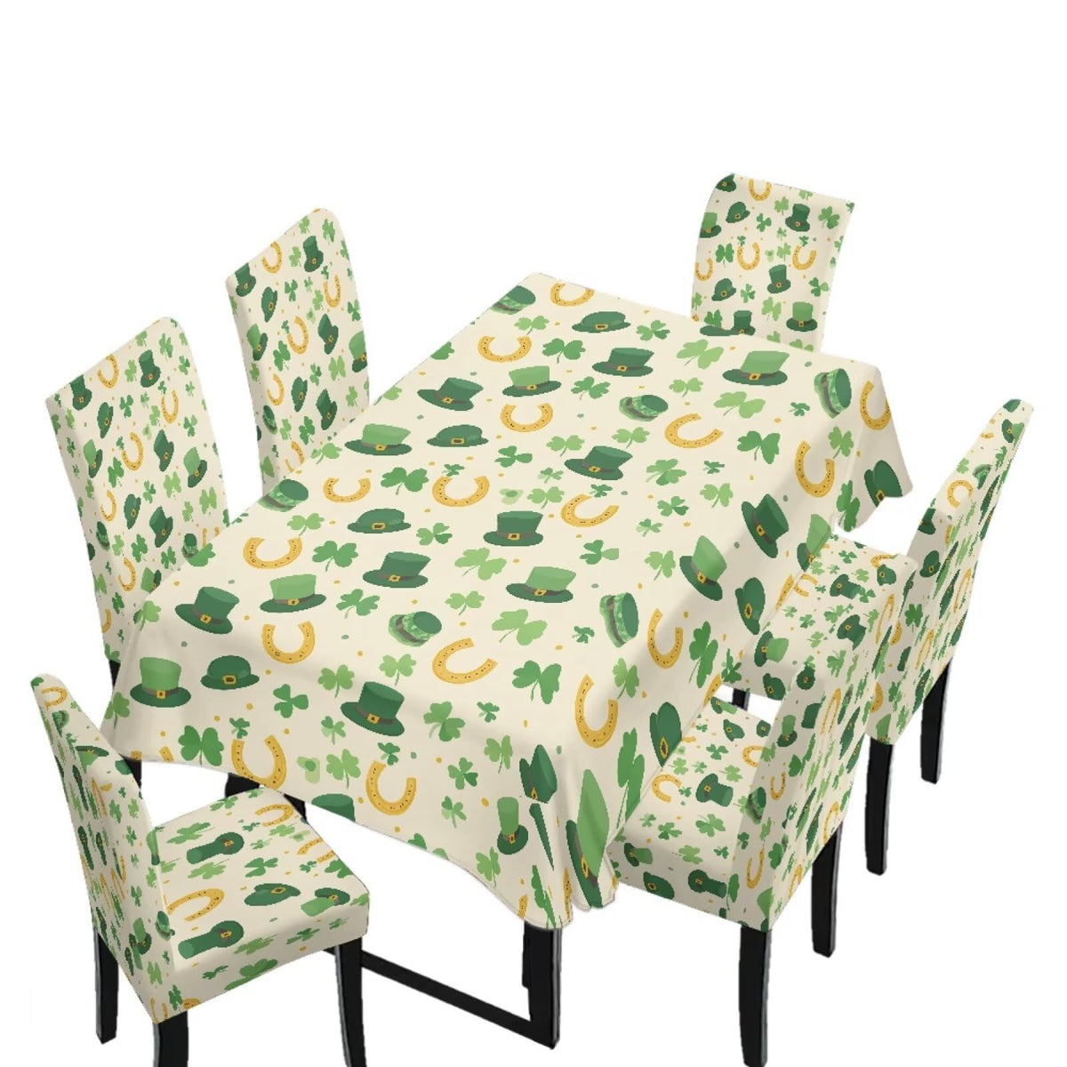 Table Cloth Rectangle Table Set of 7 Include Dining Chair Covers and Tablecloths for Dining Room Kitchen Banquet, Anti-Scratch Chair Seat Cover, Fluid Marble Print Green Gold Brown
