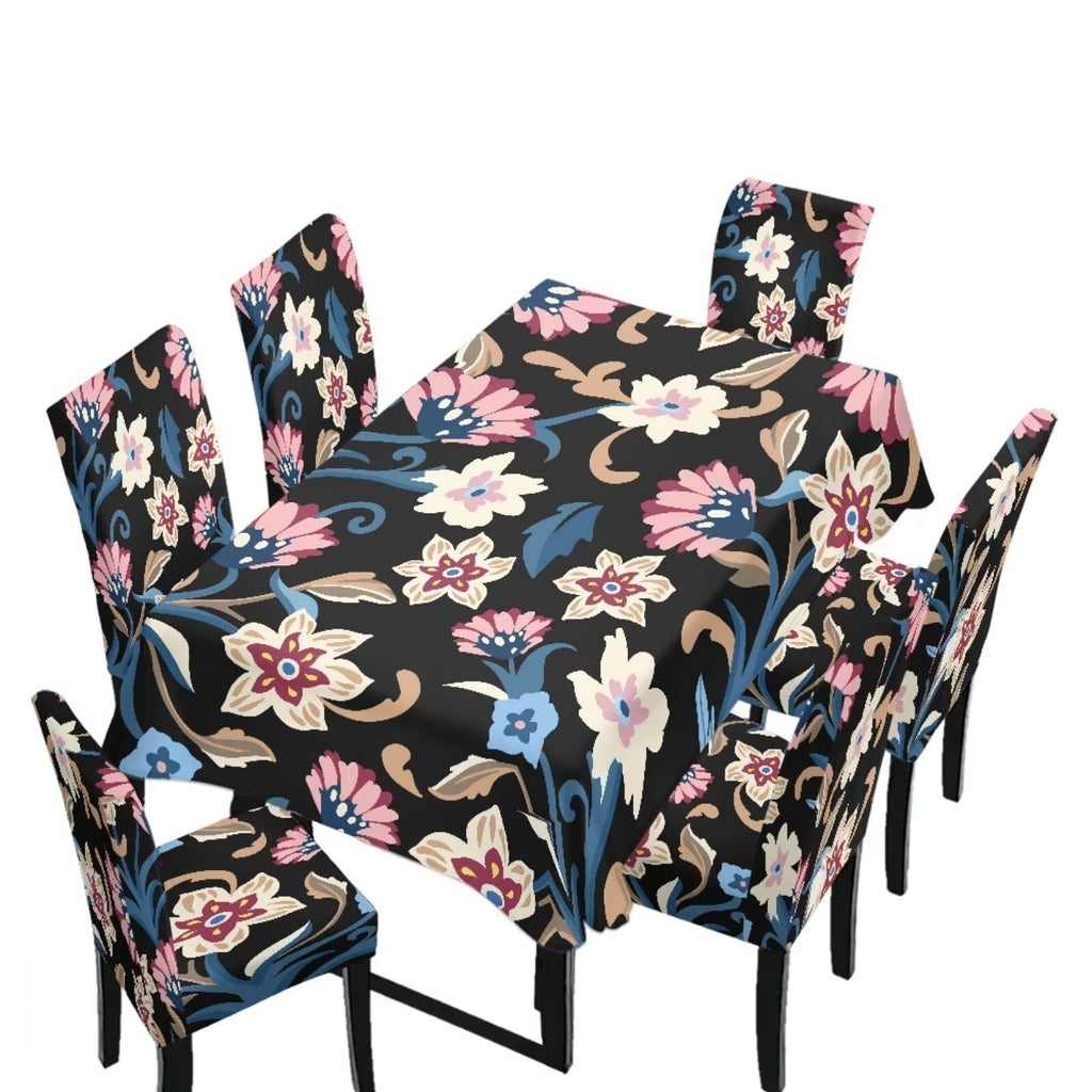 5 Pack Dining Room Chair Cover Set and Table Cloth Rectangle, Dust Proof Machine Washable Tablecloths Comfortable Chair Seat Slipcovers for Restaurant Decor, Abstract Fluid Marble