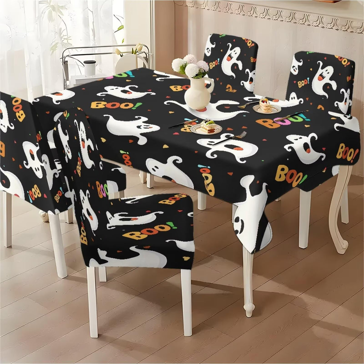 Thanksgiving Themed Dining Room Chair Cover and Tablecloths 5 Packs, Fall Leaf Print Kitchen Chair Seat Slipcovers Anti-Wrinkle Table Protector for Thanksgiving Day Party