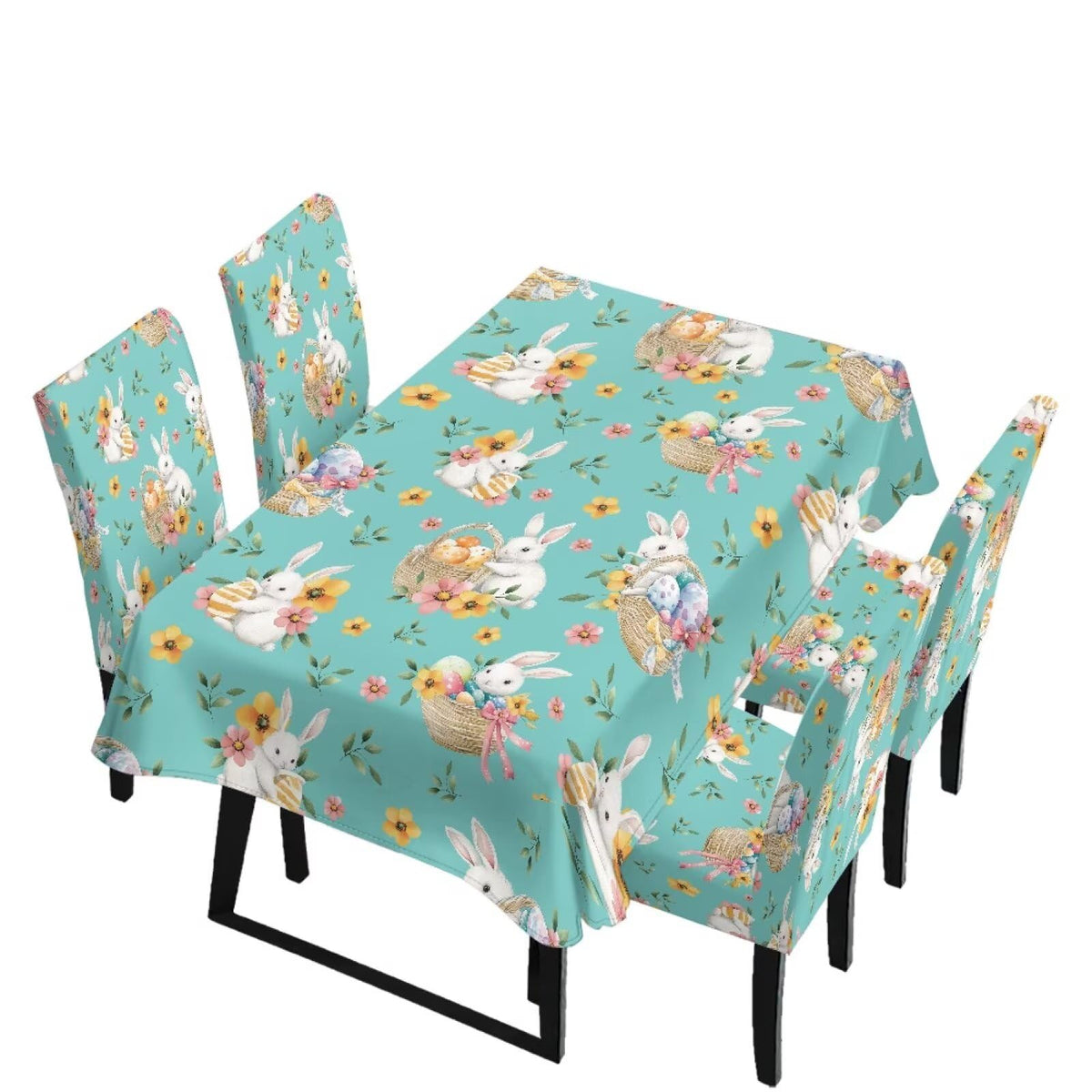 ZDCUSTOM Easter Table and Chair Covers for Parties Purple Bunny Dining Chairs Cover Daisy Tablecloths Rectangular for Easter Party