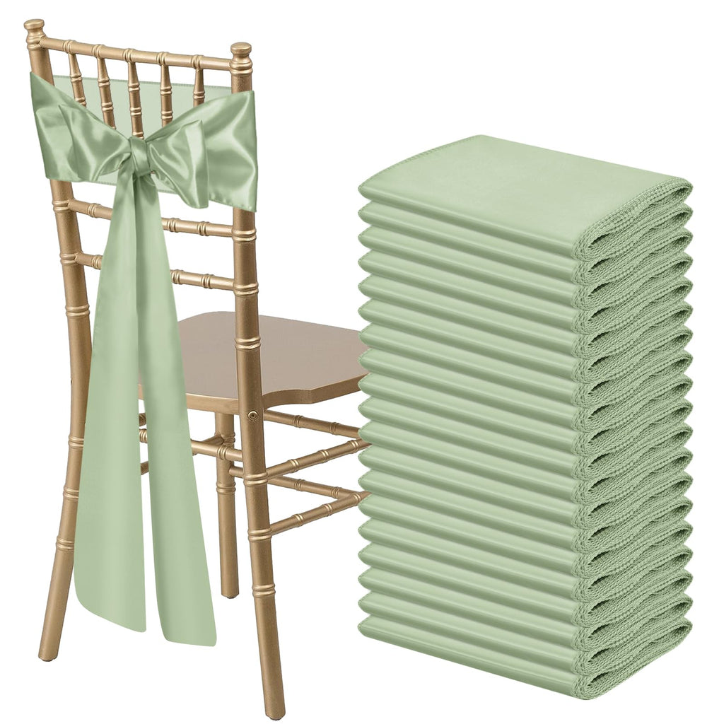50 PCS Sage Green Satin Chair Sashes Bows Universal Chair Ribbon Ties Back Sash for Wedding Party Reception Events Banquets Hotel Event Chair Cover Decoration (7x108 inch)