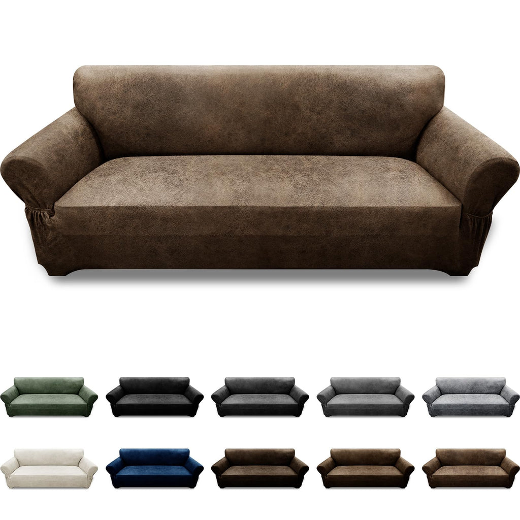 3-Pieces T Cushion Loveseat Slipcovers Leather Look Couch Cover Loveseat Covers for 2 Cushion Couch Furniture Protector Stretch Sofa Cover with 2 Individual T Cushion Seat Covers, Brown