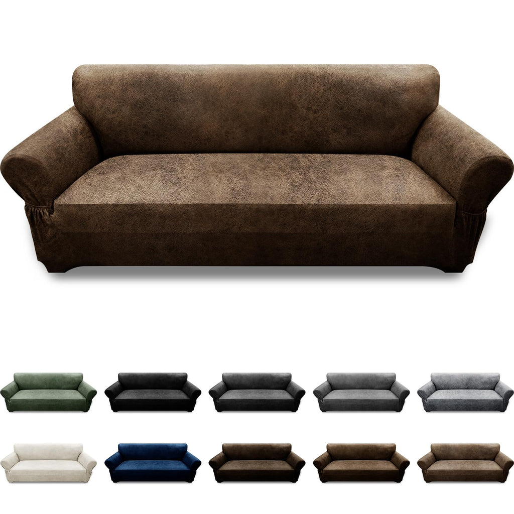 3-Pieces T Cushion Loveseat Slipcovers Leather Look Couch Cover Loveseat Covers for 2 Cushion Couch Furniture Protector Stretch Sofa Cover with 2 Individual T Cushion Seat Covers, Brown