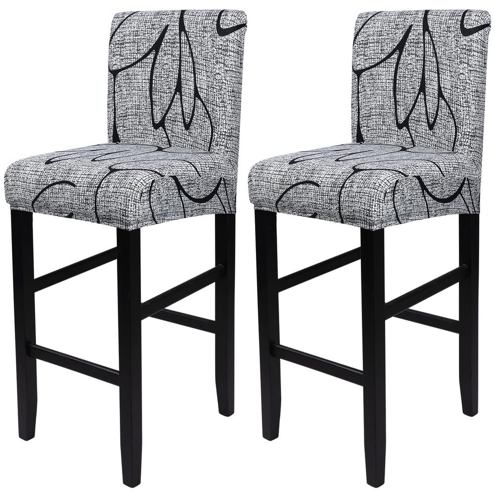 SearchI Bar Stool Covers Set of 4, Stretch Washable Barstool Seat Covers, Counter Height Chair Covers for Kitchen Dining Room Cafe (Beige Linen-Look Print)