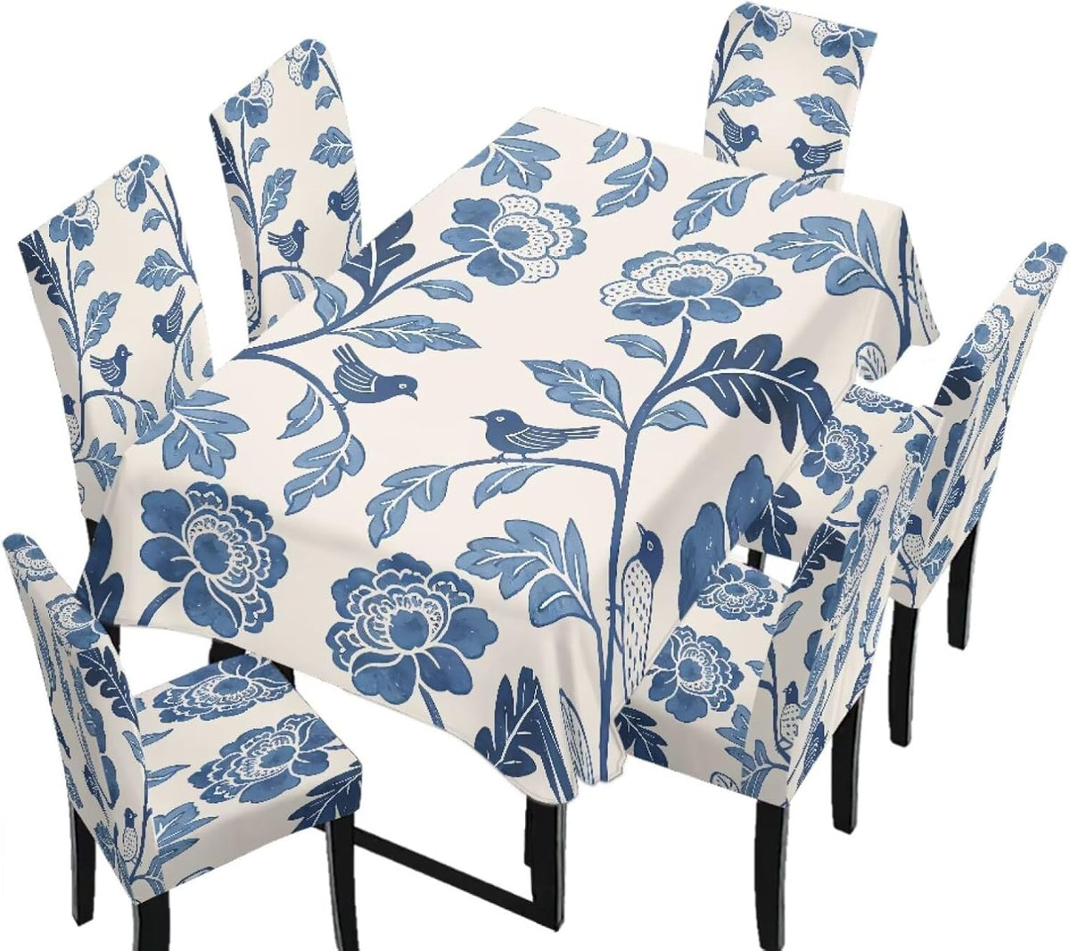 Polynesia Dining Room Chair Cover with Tablecloths 5 Pack, Scratch-Resistant Washable Parsons Chair Slipcovers Removable Table Cloth for Kitchen, Plumeria Floral Monstera Leaf Print Blue